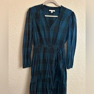 Free Assembly Women Dress V-Neck Long Sleeve Elastic Waist Plaid Black Green Sm